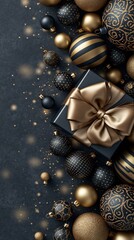 Obraz premium Elegant black and gold Christmas ornaments surround a wrapped gift box with a large satin bow.