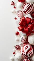 Obraz premium Vertical flat lay of red and white Christmas baubles and a gift box with a large red bow.
