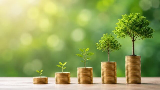 Small plants growing on stacks of coins, symbolizing financial growth and investment over time with a blurred green background.