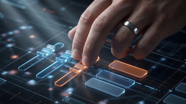 Hand adjusting sliders on a high tech digital interface