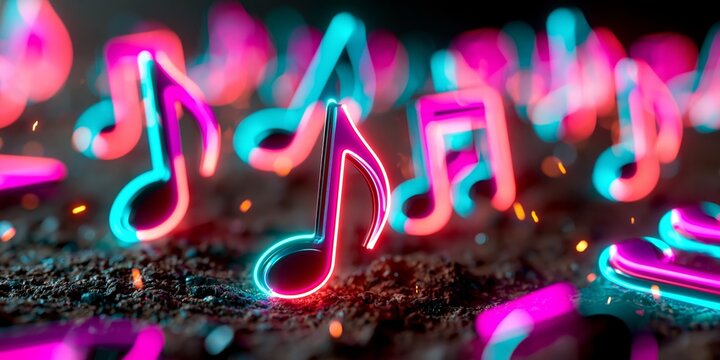 Vibrant neon musical notes glowing in pink and cyan on a dark textured surface with sparks.