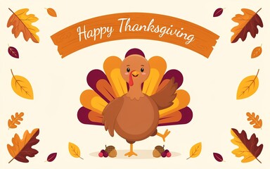 Naklejka premium Cute cartoon turkey standing in the center with a happy thanksgiving banner surrounded by colorful autumn leaves on light background
