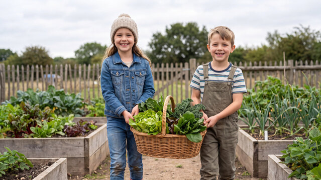 Children hold a woven basket filled with freshly harvested organic leafy greens in a vegetable garden plot.