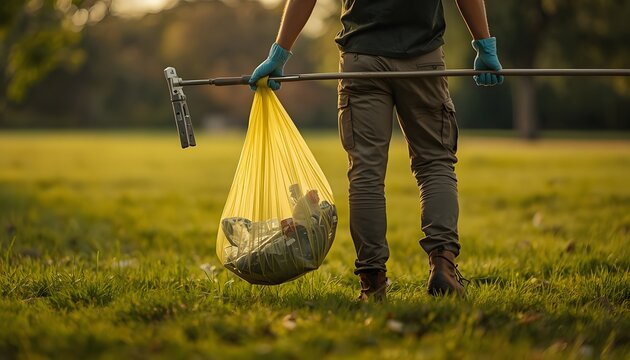 Person cleaning park with yellow trash bag and litter picker during World Cleanup Day activity