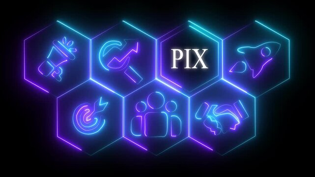 Neon sign Pix button on a clear projection screen on abstract technology world map icon 4k animation..
