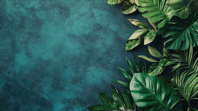 Lush green tropical leaves arranged on a dark teal textured background