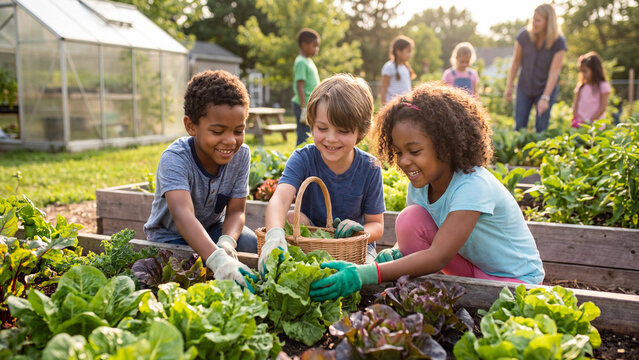 Children picking fresh vegetables in a school garden while their teacher observes the group working near a glass greenhouse structure.