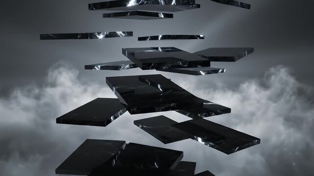 Black reflective geometric shapes levitate in a smoky dark environment