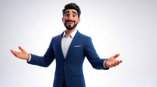 Man in blue suit smiles with open arms palms up. Friendly gesture welcomes audience, presenting idea or product. Confident business character for presentation.