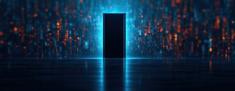 Glowing portal door standing in dark digital space representing tech innovation future gateway to advanced computing virtual reality connectivity
