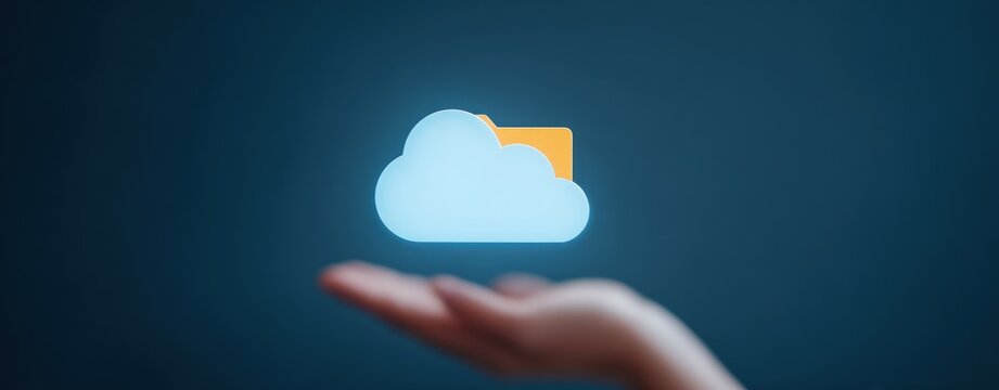 Hand holding glowing cloud folder icon representing digital data storage tech innovation modern cloud computing solutions for secure information management