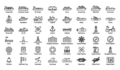 Set of 40 Outline Water Transport Icons for Maritime Logistics Shipping and Marine Navigation Vector Collection © Yeasin