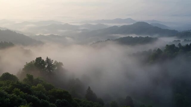 Misty morning landscape with rolling hills, dense forest, and fog settling in valleys