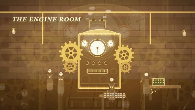 Animated Steampunk Engine Room with Workers Operating Vintage Industrial Machinery and Rotating Gears
