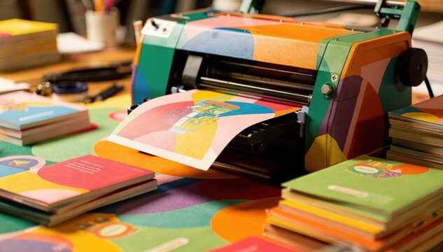 Vibrant medium shot focusing on bold colored risograph printer in action highlighting clean folds of small poetry chapbooks blurred behind on a colorful work surface.