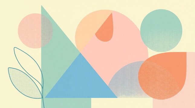 Geometric shapes and organic forms in soft pastel colors create abstract art. Clean design features circles triangles and leaf outlines with dotted textures for a modern backdrop.