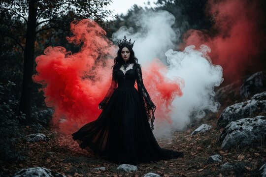 Young woman dressed in black lace gown wears crown outdoors. Female witch stands in forest with red, white smoke bombs around. Mysterious dark queen poses in woods for gothic fantasy shoot. Halloween