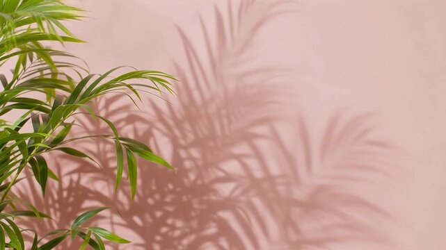 Green palm fronds casting intricate shadows on soft pink wall in natural light