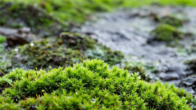 Close-up of vibrant green moss with water droplets, set against a blurred natural background of damp earth and vegetation