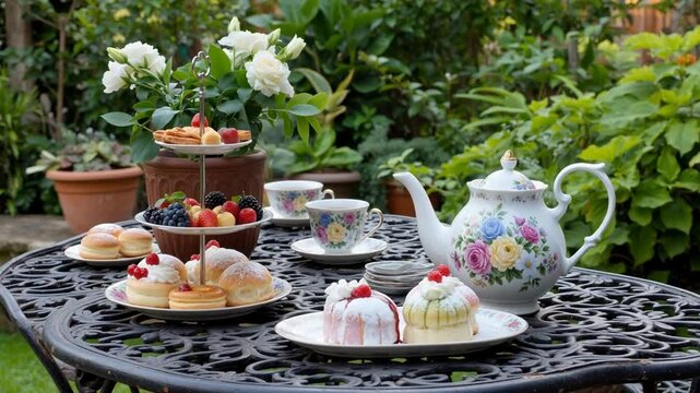 Elegant garden tea set with floral teapot, assorted pastries, and fresh berries on ornate black metal table surrounded by lush greenery
