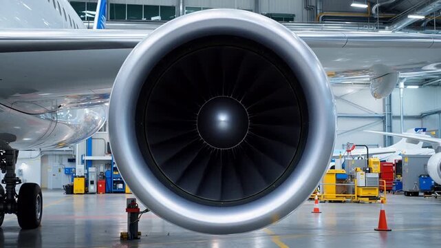 Close-up of jet engine fan blades inside aircraft hangar with maintenance equipment visible