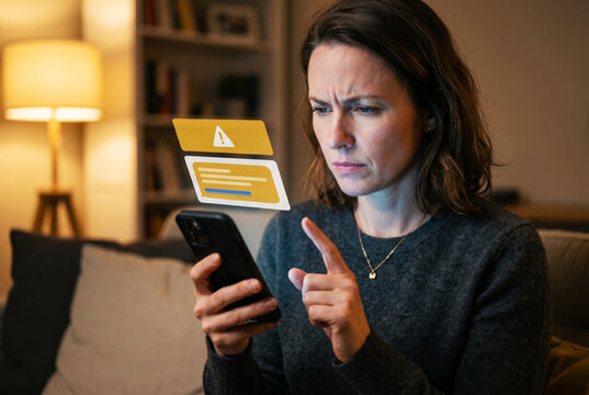 Concerned woman reading a suspicious message on her smartphone at home before tapping a link. Mobile phishing scam, cybersecurity awareness and fraud prevention concept