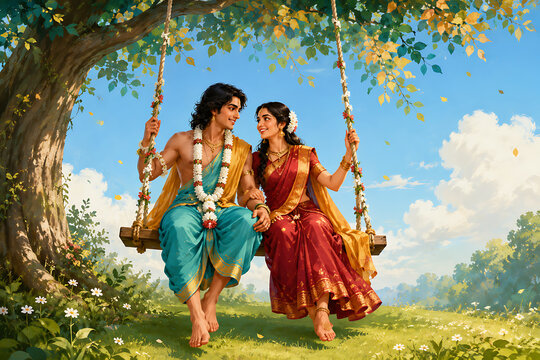 Beautiful indian divine couple sitting romantically on tree swing enjoying green nature while celebrating happy hariyali teej festival and auspicious kajari teej