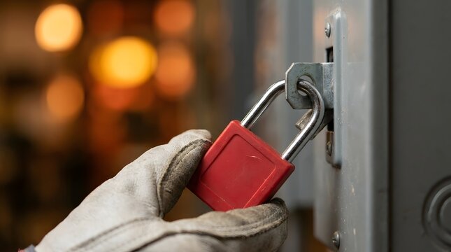 Person Holding Red Lock Securing Metal Safe Locking Device in Safety Lockout Procedure
