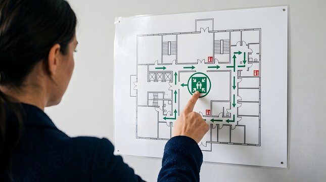 Woman Using Emergency Exit Plan on Wall in Building