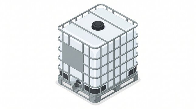 Isometric illustration of a white plastic IBC tote tank in a metal cage