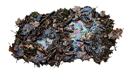 Obraz premium Oil spill creates a toxic rainbow pattern upon damp forest debris.
