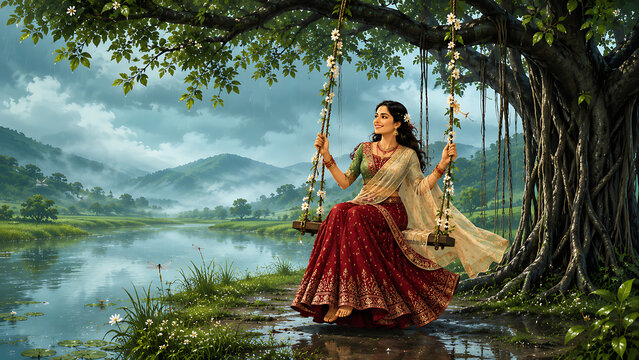 Happy hariyali teej smiling woman in red lehenga enjoying floral banyan swing beside rain soaked river and mountains during kajari teej celebration
