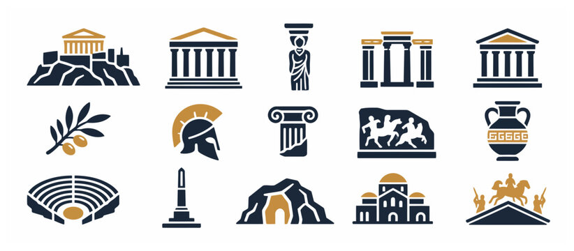 Collection of ancient Greek architectural and cultural icons.
