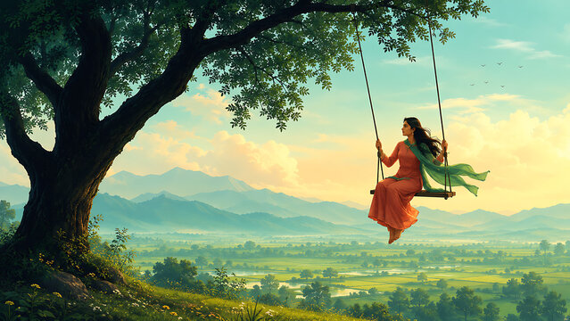 Happy hariyali teej woman wearing orange dress and green scarf on tree swing overlooking peaceful mountain farmland during traditional kajari teej festival
