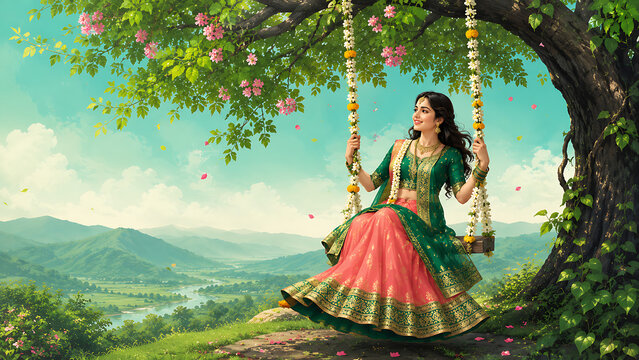 Happy hariyali teej elegant woman in green blouse and coral lehenga enjoying flower garland swing above scenic valley during festive kajari teej