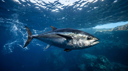 Naklejka premium Tuna fish glides through the clear blue water near the surface of the open ocean with sunlight filtering from above.