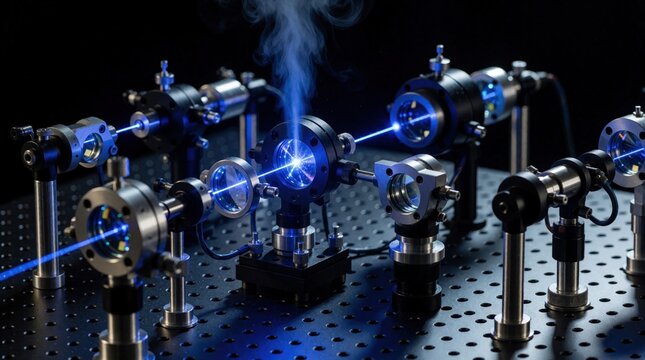 Scientific laser device with blue beams, smoke in physics laboratory. Precision optical instruments on metallic breadboard measure light experiment. Modern tech equipment for research analysis.