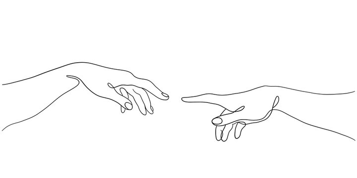 Minimalist line art illustration of two hands reaching toward each other