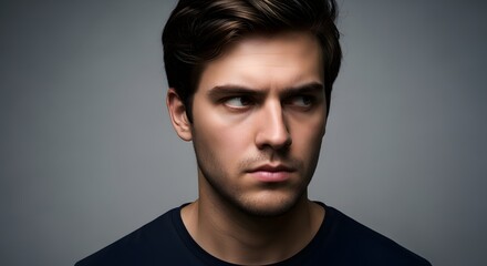 Fototapeta premium Close up portrait of a serious young man looking away against a grey background.