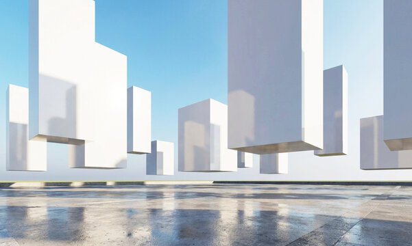 A futuristic landscape featuring floating rectangular structures against a clear blue sky, showcasing minimalistic design and geometric shapes in an urban environment.