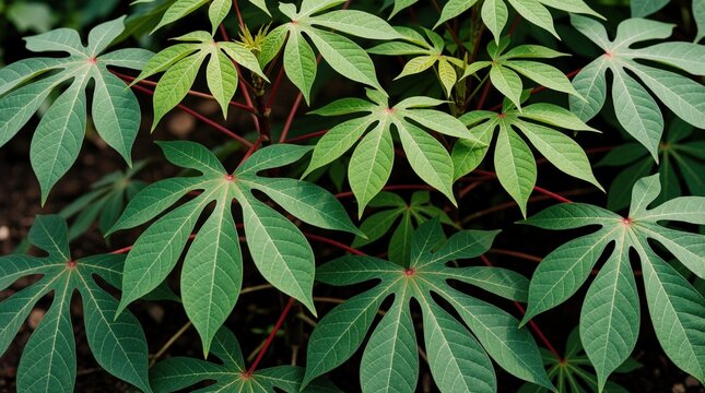 Close-up of vibrant green cassava leaves with red stems against dark soil. Lush foliage grows in a tropical farm showing healthy plant detail for agriculture and food.