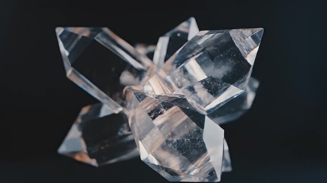Cluster of clear quartz crystals against a dark background