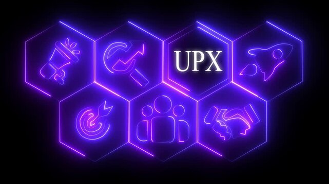 Glowing neon line u p x Transfer concept button on a futuristic computer screen. technology background with rotating world map icon, Business.4k video..