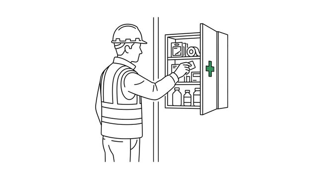 A worker is reaching into a wall-mounted first aid cabinet contain various medical supplies.