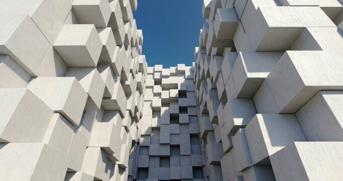 A geometric architectural structure featuring interlocking cubic forms in a minimalistic design, bathed in natural light under a clear blue sky.