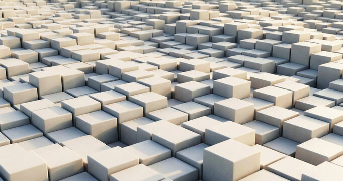 Aerial view of an abstract arrangement of geometric blocks featuring a grid-like pattern. The composition showcases different heights and uniformity in color.