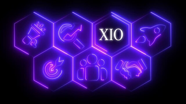 Glowing neon line XIO Transfer concept button on a futuristic computer screen. technology background with rotating world map icon, Business.4k video..