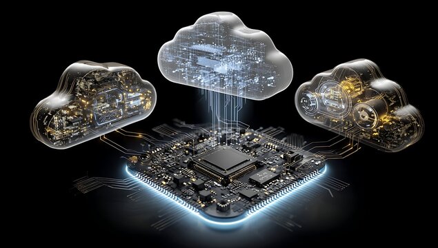 Central computer processor chip connected to three floating transparent digital cloud with glowing gold circuits