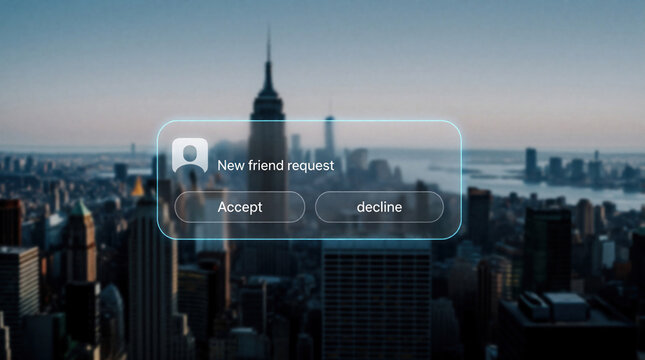 Digital notification overlay shows new friend request on blurred cityscape background. Modern interface with accept, decline buttons floats over urban skyline at dusk. Futuristic social media concept