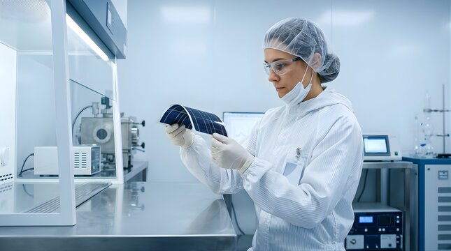 Scientist inspecting flexible solar panel in high tech research laboratory